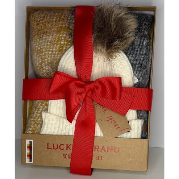 Lucky Brand Accessories - Lucky Brand Scarf Hat Set Cream Tan Knit Beanie Faux Fur Pom Pom Winter Gift NWT